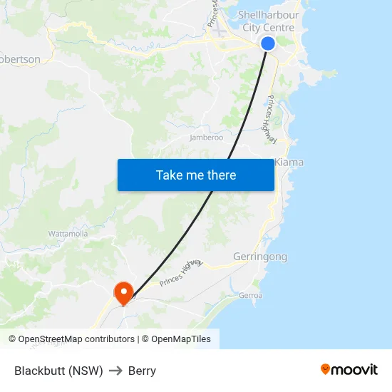 Blackbutt (NSW) to Berry map