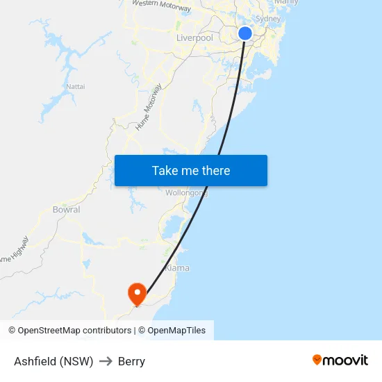 Ashfield (NSW) to Berry map