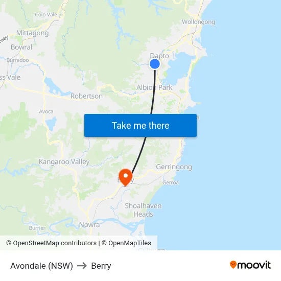 Avondale (NSW) to Berry map