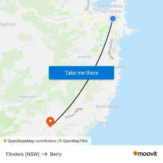 Flinders (NSW) to Berry map
