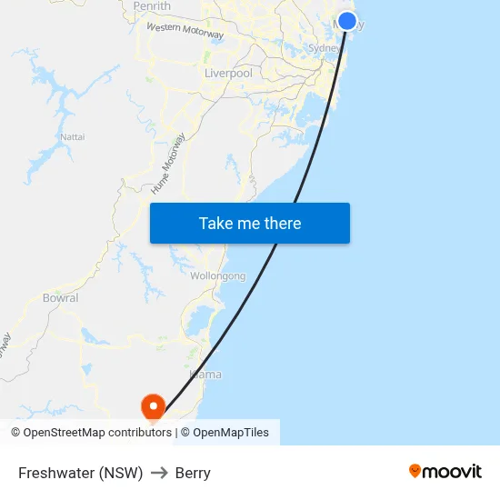 Freshwater (NSW) to Berry map