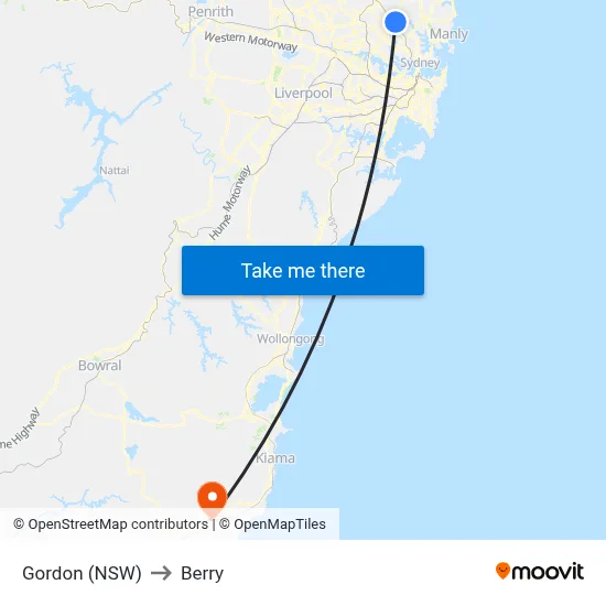 Gordon (NSW) to Berry map