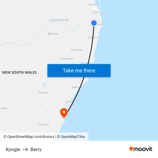Kyogle to Berry map