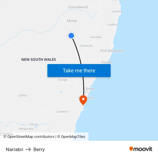 Narrabri to Berry map
