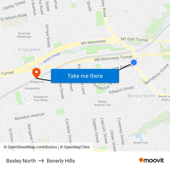 Bexley North to Beverly Hills map