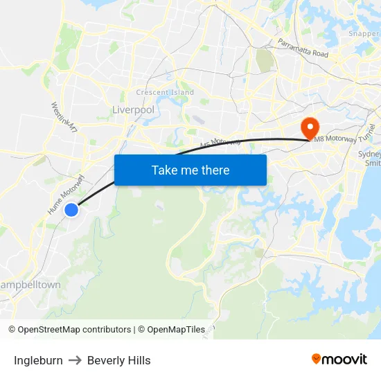 Ingleburn to Beverly Hills map