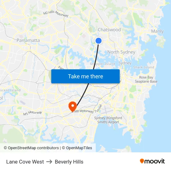 Lane Cove West to Beverly Hills map