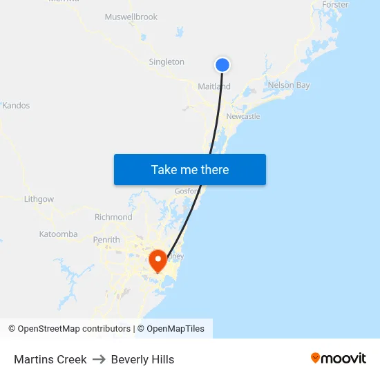 Martins Creek to Beverly Hills map