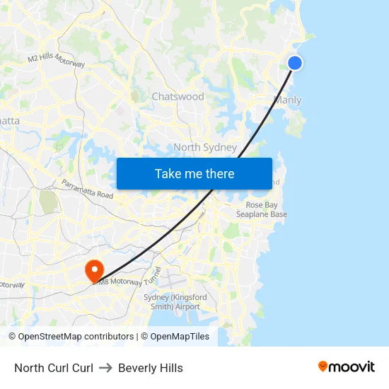 North Curl Curl to Beverly Hills map