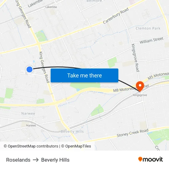 Roselands to Beverly Hills map