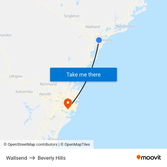 Wallsend to Beverly Hills map