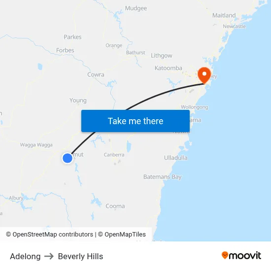 Adelong to Beverly Hills map