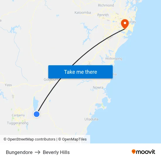 Bungendore to Beverly Hills map