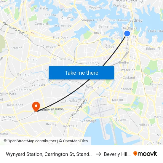 Wynyard Station, Carrington St, Stand A to Beverly Hills map