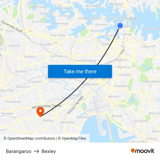 Barangaroo to Bexley map