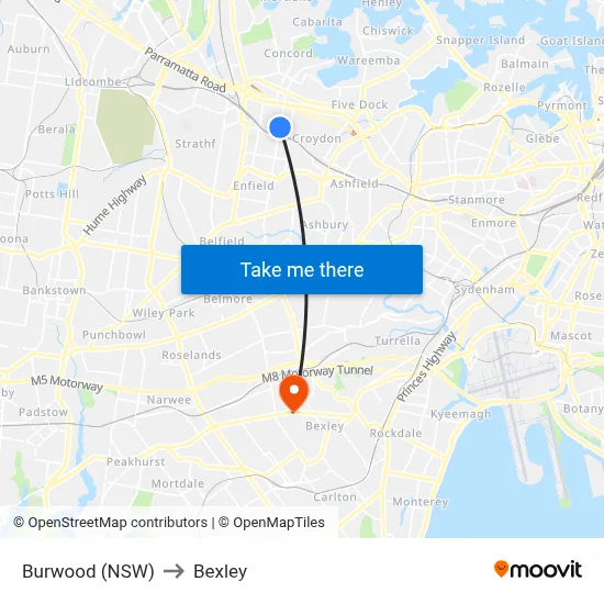Burwood (NSW) to Bexley map