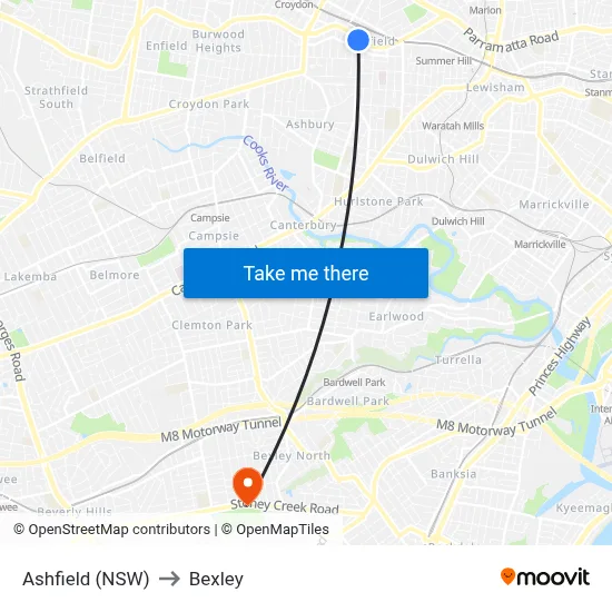 Ashfield (NSW) to Bexley map