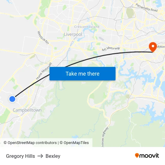 Gregory Hills to Bexley map