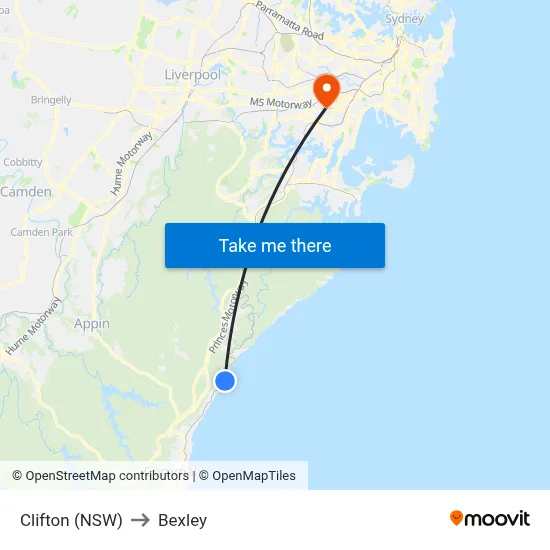Clifton (NSW) to Bexley map