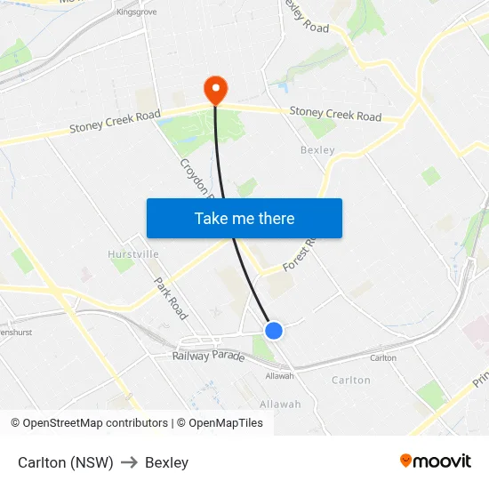 Carlton (NSW) to Bexley map
