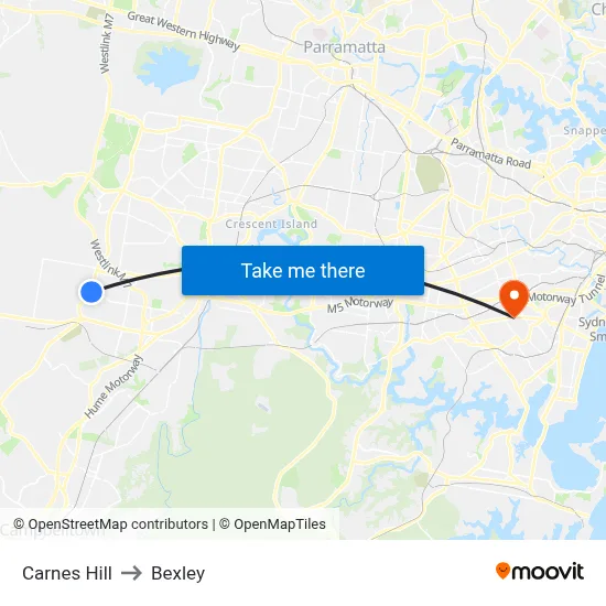 Carnes Hill to Bexley map