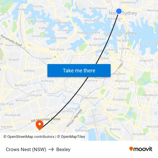 Crows Nest (NSW) to Bexley map