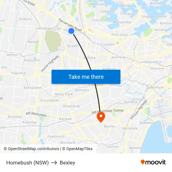 Homebush (NSW) to Bexley map