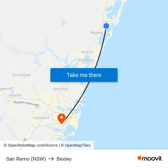 San Remo (NSW) to Bexley map
