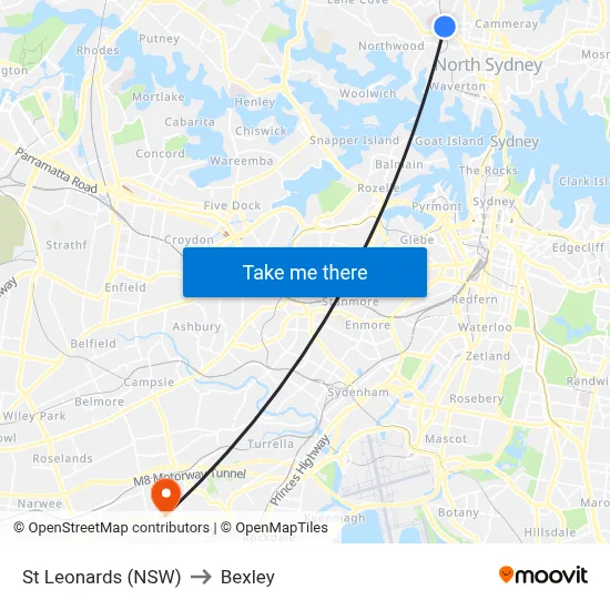 St Leonards (NSW) to Bexley map