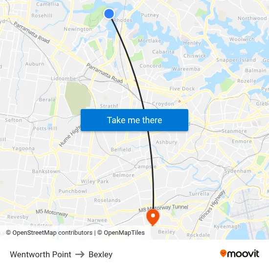 Wentworth Point to Bexley map