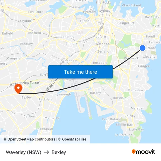 Waverley (NSW) to Bexley map