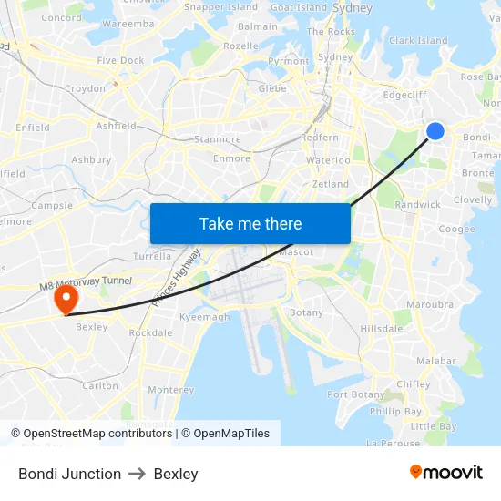 Bondi Junction to Bexley map