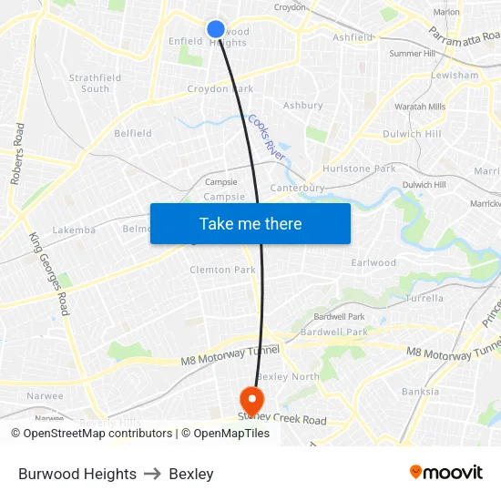 Burwood Heights to Bexley map