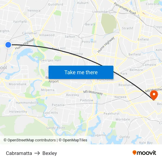 Cabramatta to Bexley map