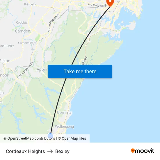 Cordeaux Heights to Bexley map