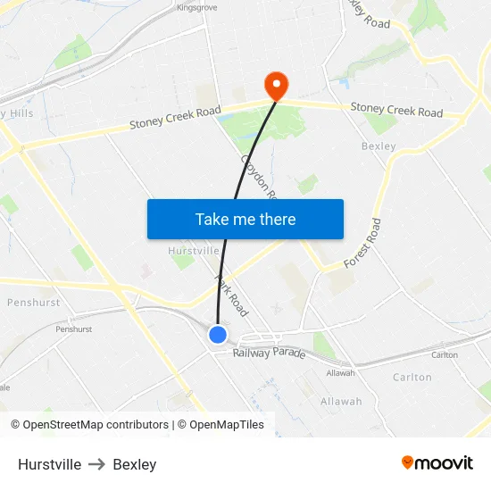 Hurstville to Bexley map