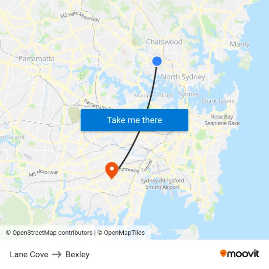 Lane Cove to Bexley map