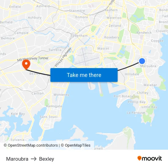 Maroubra to Bexley map