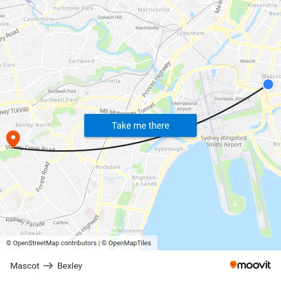 Mascot to Bexley map