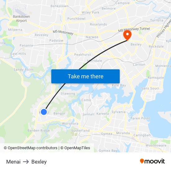 Menai to Bexley map