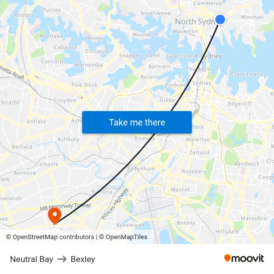 Neutral Bay to Bexley map