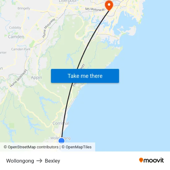 Wollongong to Bexley map
