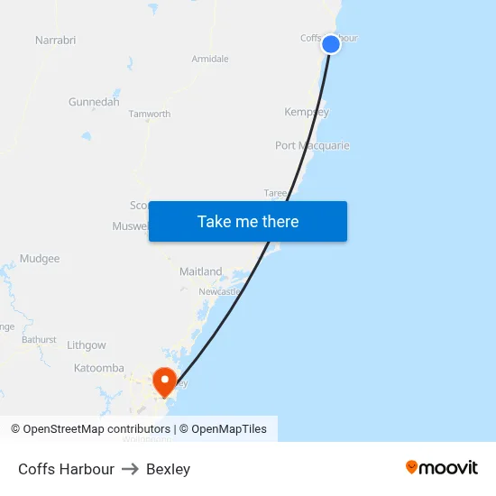 Coffs Harbour to Bexley map