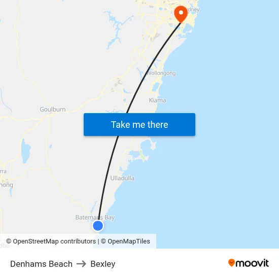 Denhams Beach to Bexley map