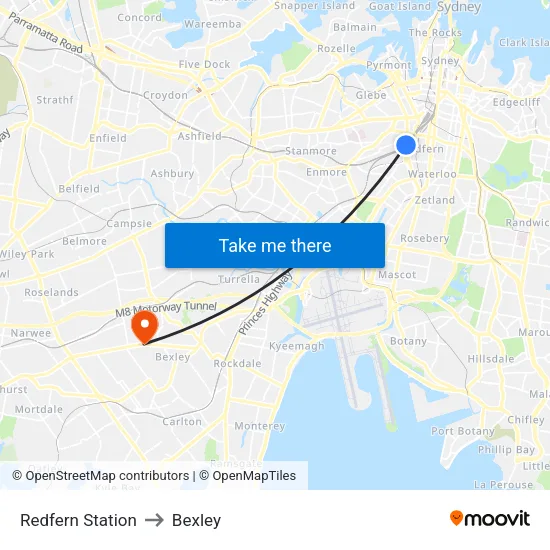 Redfern Station to Bexley map