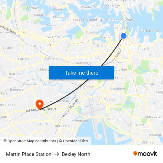 Martin Place Station to Bexley North map