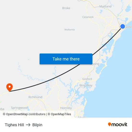Tighes Hill to Bilpin map