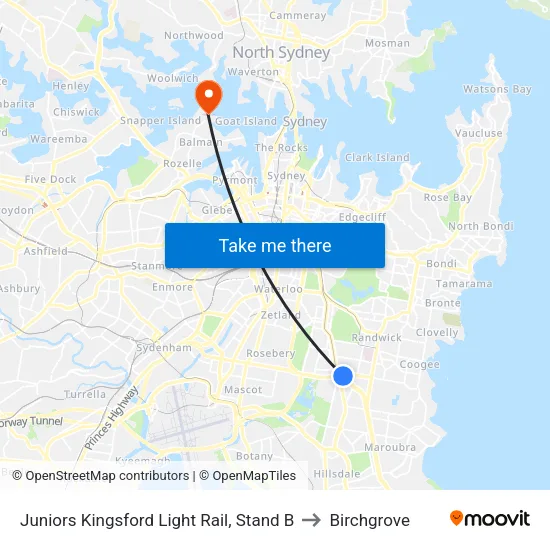 Juniors Kingsford Light Rail, Stand B to Birchgrove map