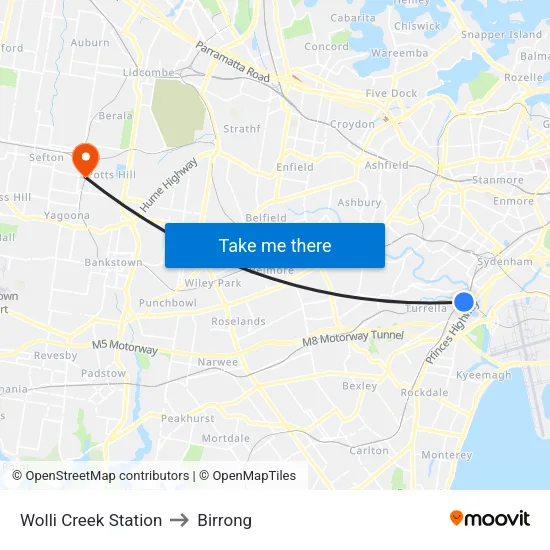 Wolli Creek Station to Birrong map