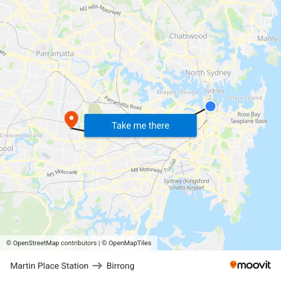Martin Place Station to Birrong map